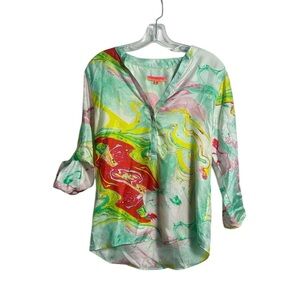 Vilagallo 100% Silk Abstract All Over Printed Blouse Size 8 Art to Wear